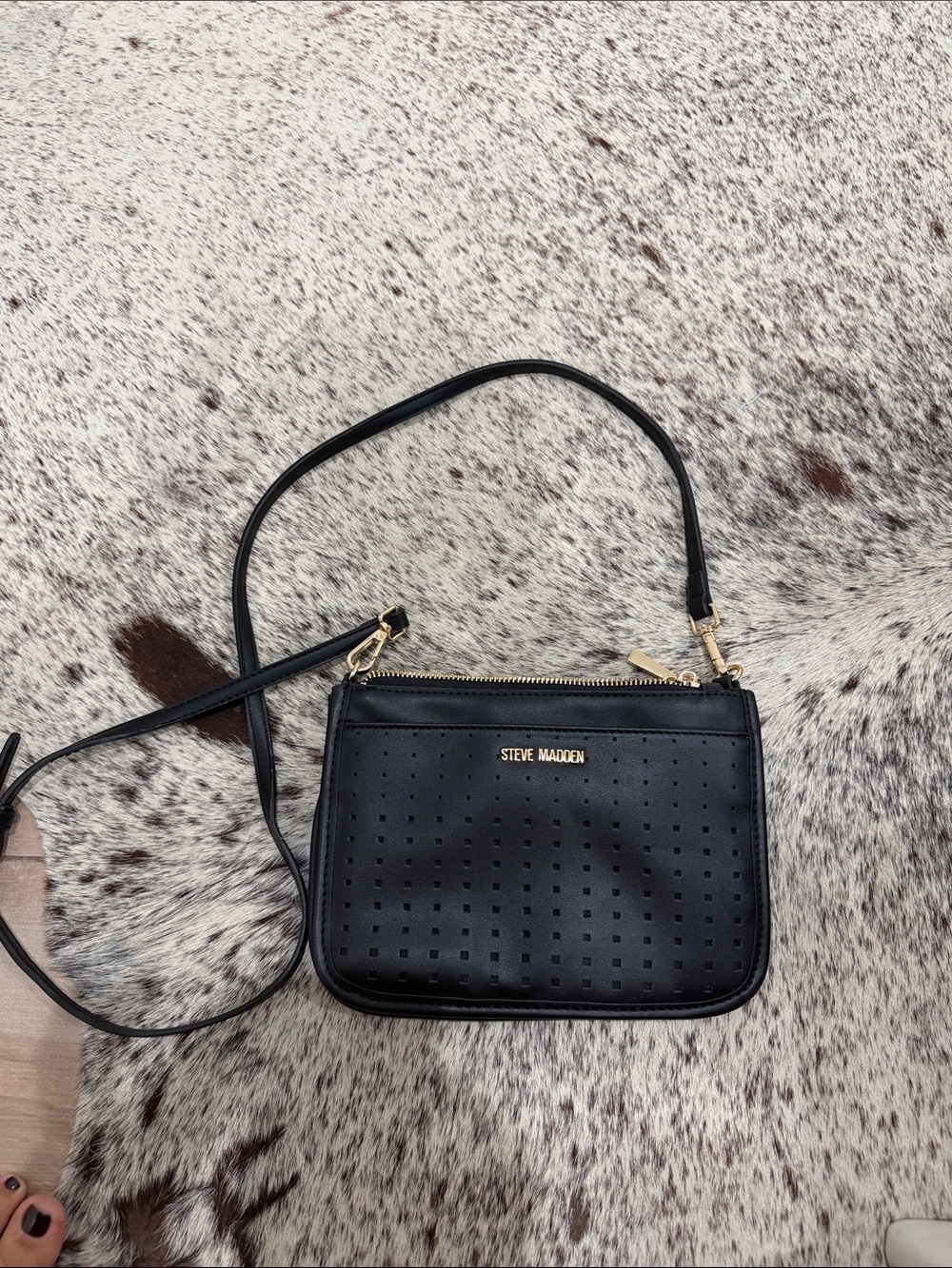 Steve Madden Black Perforated Crossbody Purse with Gold Hardware